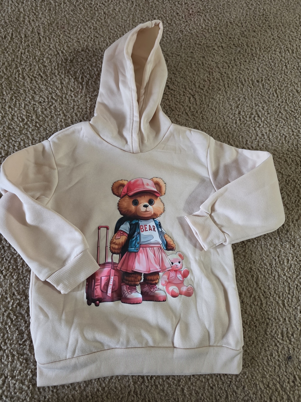 Never Been Used Girls' Cream Hoodie with Pink Bear Graphic